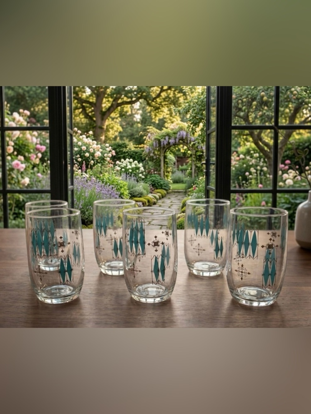 Vintage MCM Atomic Turquoise & Black Diamond Pattern Set Of 6 Glasses